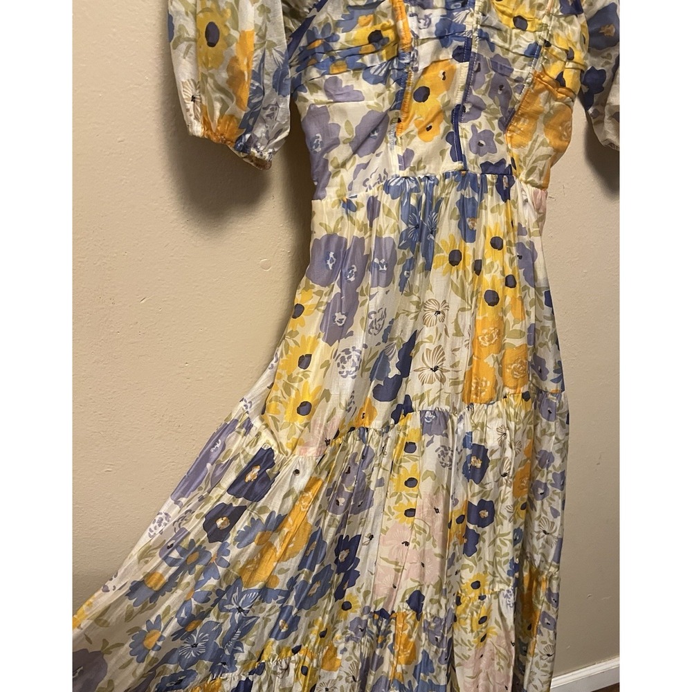 Other Stories Floral Puff Sleeve Tiered Maxi Dress Yellow Blue Orange Romantic 6 - Picture 6 of 16